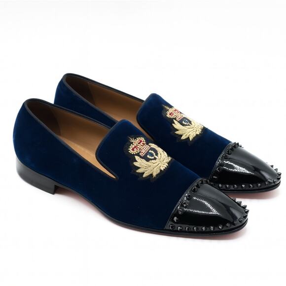 CHRISTIAN LOUBOUTIN Captain Loubi Velvet Crest Loafer Patent Spikes Sz 43.5 - Picture 1 of 8